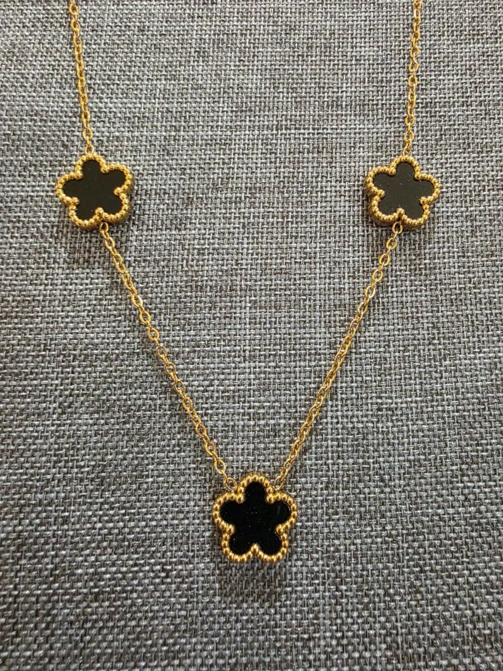 5 Motif Clover Necklace Gold Tone Stainless Steel Black Double Sided Flowers 19
